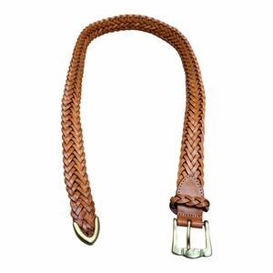 LL Bean Women size 28 Braided Tan Leather Belt with Gold Buckle